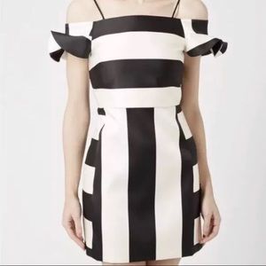 TOPSHOP Dress Black Ivory Stripe Bardot Satin 2